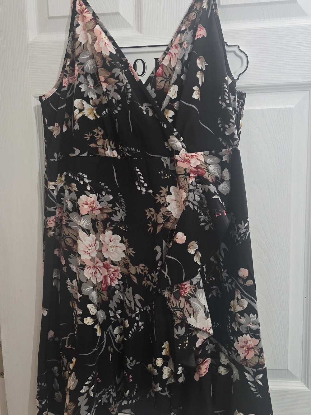 Women's Black Floral Wrap Dress - Elegant Pink & Cream Blooms